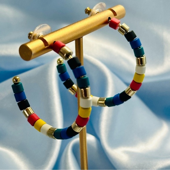 Colorful Beaded Hoop Earrings | Rainbow Statement Hoops 1.5" - Picture 1 of 9